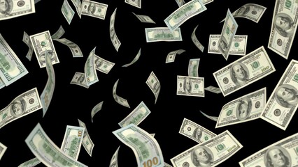 Falling US 100 dollar bills on black background, representing monetary liquidity and capital windfall gains.