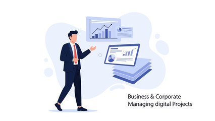 Obraz premium Businessman analyzing financial charts and data on digital screens, managing projects