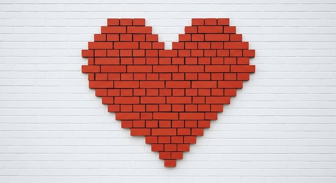 A heart-shaped arrangement of red objects on a white brick wall.