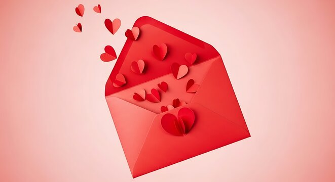 A heart-shaped envelope with red hearts floating out of it, symbolizing love and affection.