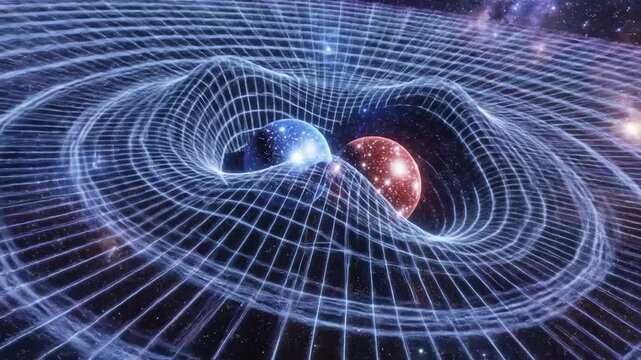 Two celestial bodies warp the fabric of spacetime, illustrating gravitational