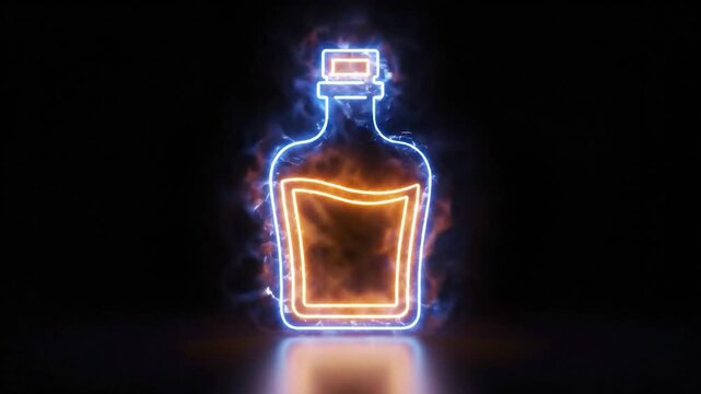 Abstract glowing outline of a bottle with vibrant neon light effects emerging