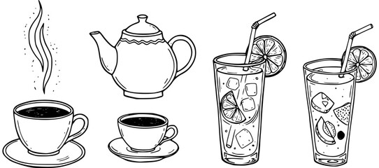 Hand-drawn outline beverages set: hot coffeetea cups with steam, teapot, and refreshing iced lemonade glasses with lemon slices and straws. © kulinadsgn