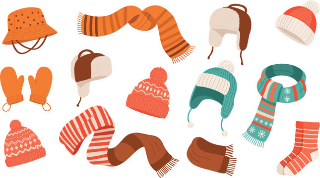 Collection of winter seasonal accessories including knit wool hats with pom poms striped scarves warm mittens trapper hats and cozy socks isolated on white background.