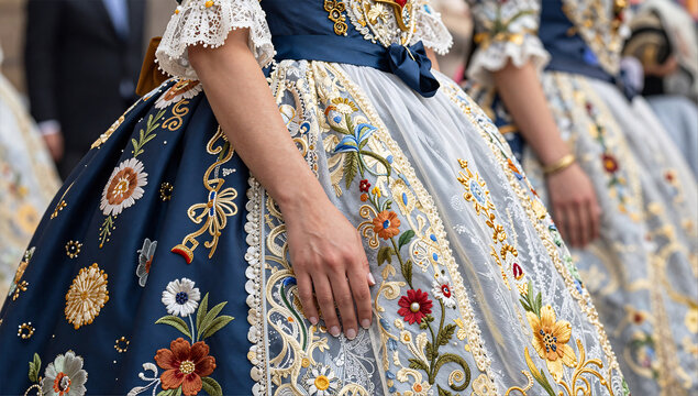 Intricate Detail of Traditional Fallera Dress for Las Fallas Valencia