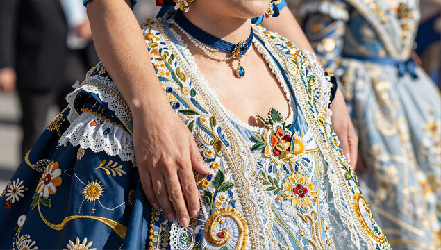 Intricate Detail of Traditional Fallera Dress for Las Fallas Valencia