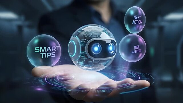Futuristic digital assistant hologram floating above an open palm showcasing smart tips risk reduction and next action concepts with glowing blue lights and circuit board patterns in a dark modern