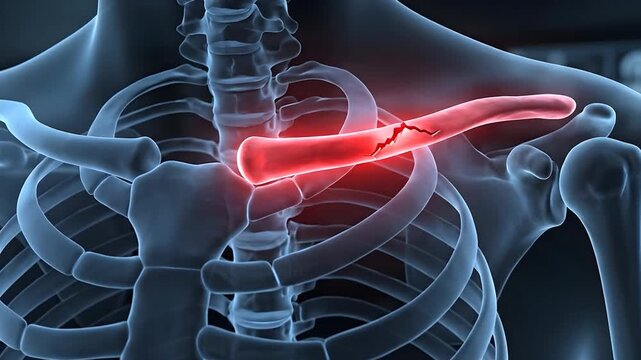 Human Anatomy Medical X Ray Of A Broken Clavicle Bone In The Shoulder Showing Pain And Injury With Red Highlighted Area On A Dark Blurred Medical Background