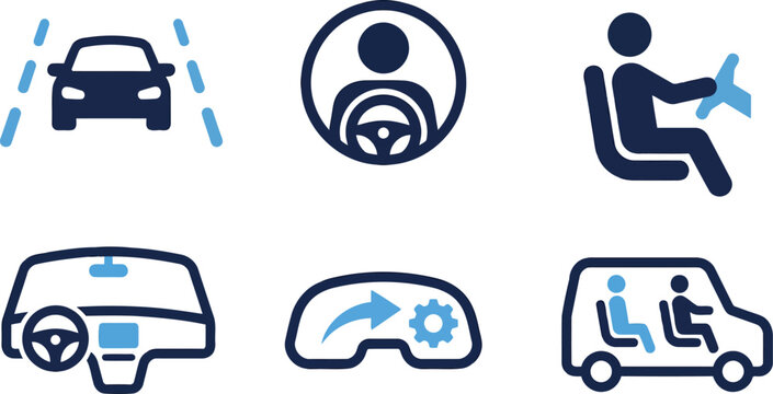 Vector icon set depicting autonomous driving features, including a car with sensor lines, a driverless steering wheel, and adaptive cruise control, isolated on a white background.