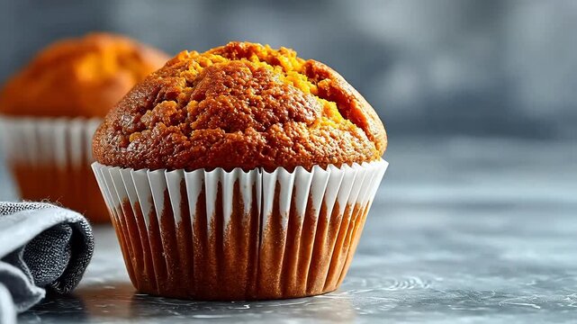 Single pumpkin muffin with a cracked top sits in a white paper liner on a soft grey marble surface with other muffins blurred in the back.