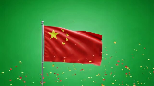 Waving china flag on pole with falling confetti on green screen. National unity and celebration for chromakey, independence day.