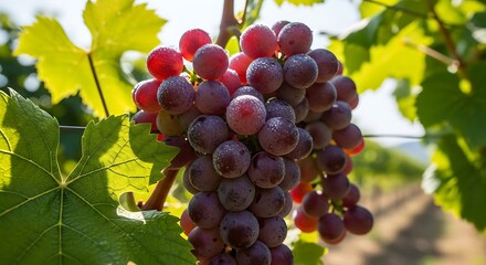 Fototapeta premium A lush bunch of purple grapes hanging from a vine with green leaves