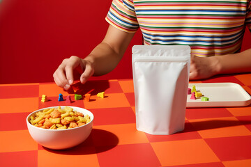 Blank White Pouch Packaging with Snacks and Colorful Board Game Pieces on Red Background