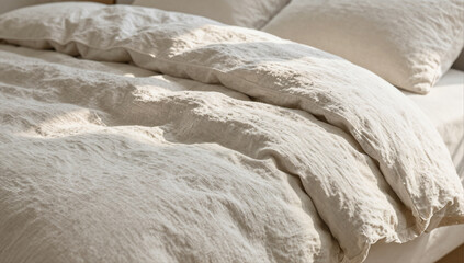 Obraz premium Rumpled Organic Linen Bedding in Morning Spring Light