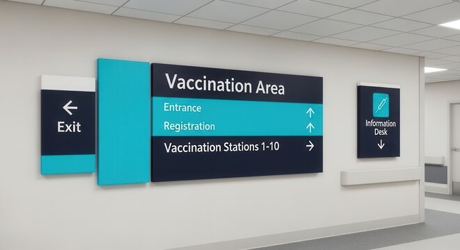 Hospital Wayfinding System Signage: Vaccination Area, Exit, And Information Desk Guidance