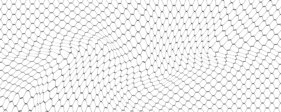 Fishing or soccer net. Repeated hexagon pattern. Black wired mesh texture isolated on white background. Metallic or fabric fence, cage or lattice structure. Vector graphic Illustration.