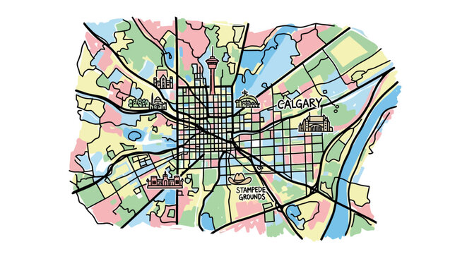A colorful, hand-drawn map of Calgary, Canada, highlighting its urban layout, major roads, neighborhoods, and iconic landmarks like the Calgary Tower and Stampede Grounds.