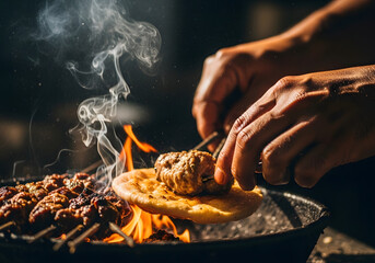 Savory street food preparation with hands assembling a delicious kebab on a toasted bun