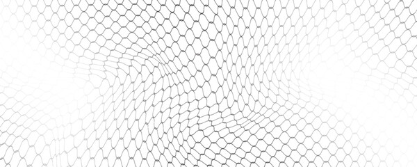 Fishing or soccer net. Repeated hexagon pattern. Black wired mesh texture isolated on white background. Metallic or fabric fence, cage or lattice structure. Vector graphic Illustration. © PECAH