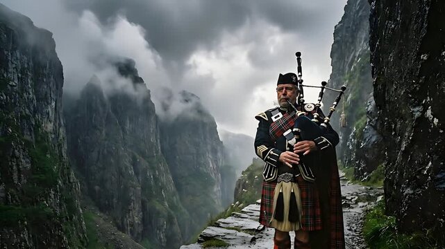Mature Man in Traditional Scottish Kilt and Bagpipes Standing on a Rocky Mountain Path Amidst Dramatic Foggy Cliffs with a Moody Sky Overhead