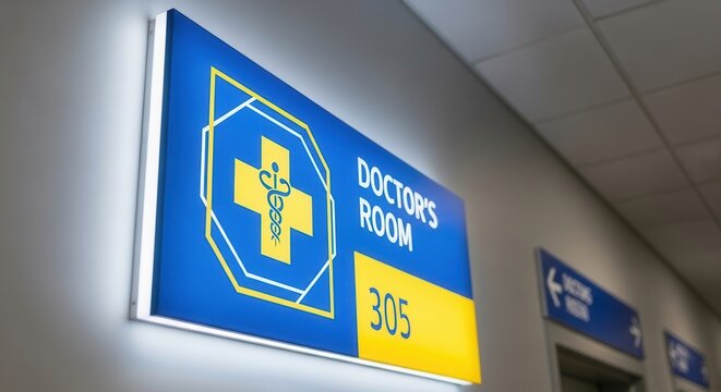 Illuminated Doctor's Room Sign With Room Number Indicating Medical Consultation