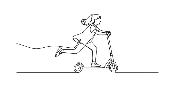 Continuous line drawing of a young girl riding a kick scooter with joy and speed. Vector, illustration