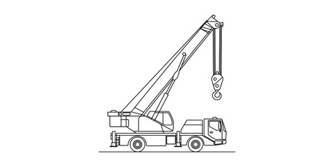 Black and white line drawing of a mobile crane truck with an extended boom and hook. Vector, illustration © Badhon_Designer