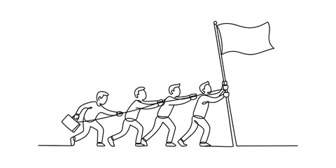 A team of professional businessmen collaborating to raise a flag symbolising their shared goals. Vector, illustration