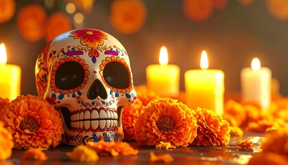 Close-up of decorated skull surrounded by marigolds and candles