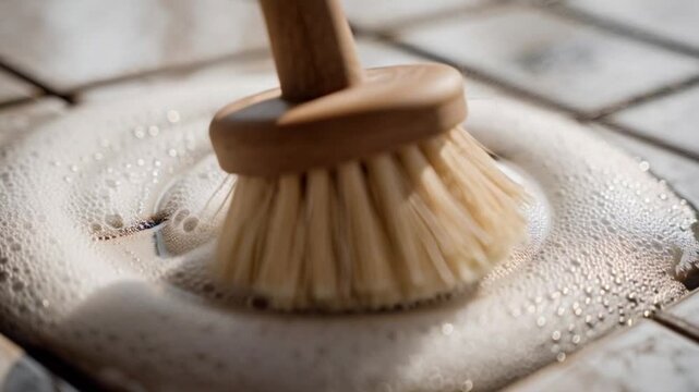 Cleaning Tiles with Brush and Soap Suds.