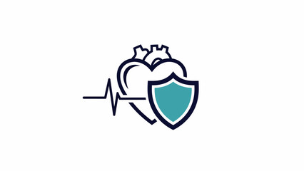 Fototapeta premium Heart Shield ECG Icon Depicting Cardiac Health with Dark Blue Heart, Teal Shield, and Waveform Line on White Background