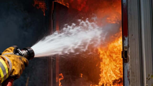 A firefighter sprays water from a hose nozzle into a doorway engulfed in powerful flames and smoke.