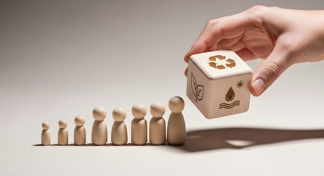 Wooden figures representing population growth leading to a recycling cube, symbolizing sustainability and environmental responsibility
