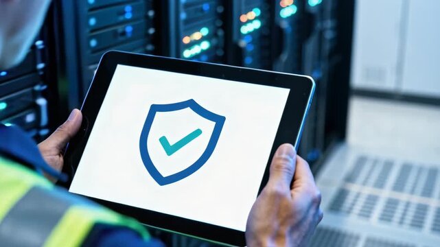 Technician verifies data center security status on a tablet displaying a shield and checkmark icon in a server room.