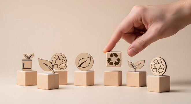 Hand places a recycling symbol block among eco-friendly icons, representing a conscious choice towards environmental sustainability and responsible green living practices