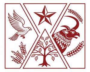 Obraz premium Vintage Heraldic Emblem Vector: Dove, Star, Mythical Bull Head, Tree, and Wheat Stalks in Geometric Maroon Line Art Design for Branding and Insignia