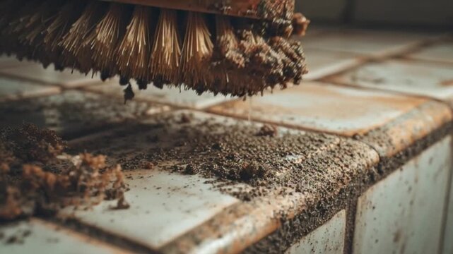 Cleaning Dirty Floor with Brush Closeup.