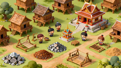 Thai ancient village around wooden houses