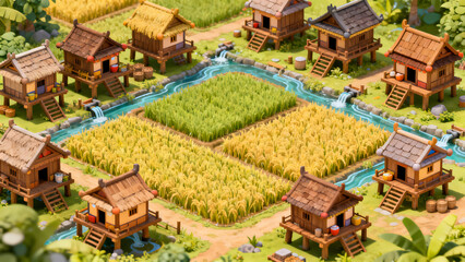 Thai ancient village around wooden houses