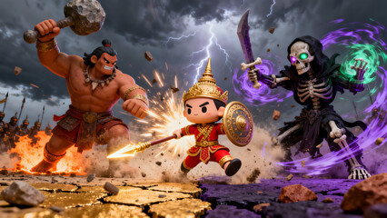 Three characters from three different races clash with their weapons