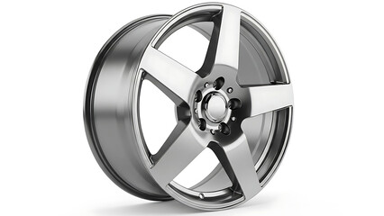 Obraz premium Polished silver five spoke car wheel on white background