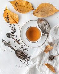 Autumn Tea Flat Lay with Cozy Fall Leaves