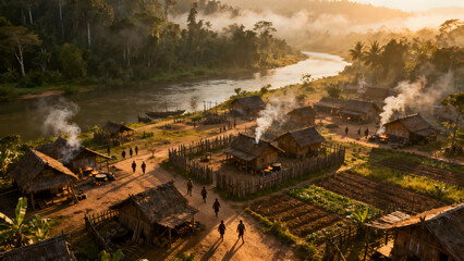 Thai ancient village around wooden houses