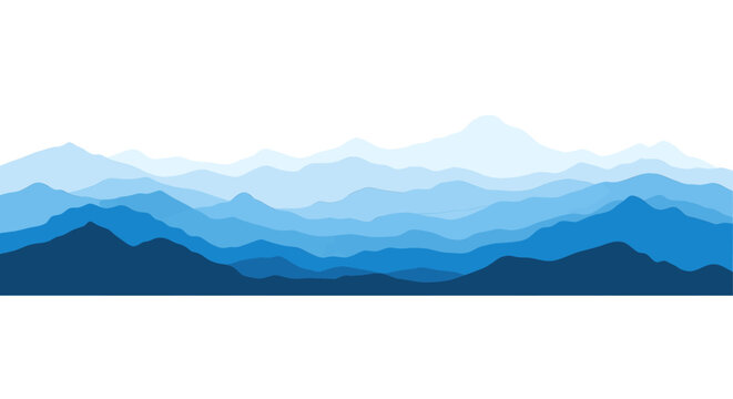 A serene landscape of layered blue mountains against a white background