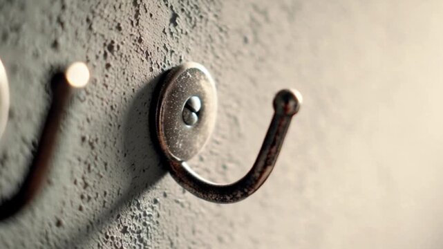 Wall Mounted Hooks on Concrete Background.