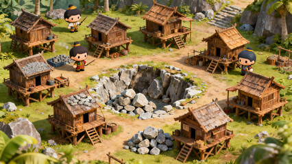 Thai ancient village around wooden houses