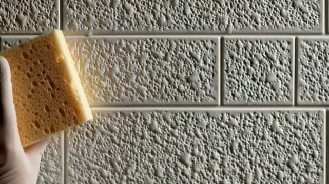 Hand in Glove Cleaning Wall with Sponge.