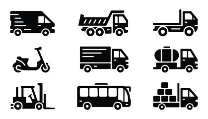 Delivery transportation icons set of cargo truck van bus and industrial vehicle silhouettes © MD.RAHIM