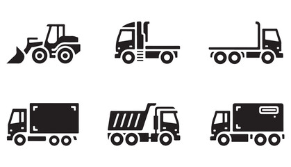 Set of heavy machinery and large vehicle icons. construction vehicles, flatbed trucks, dump trucks © MD.RAHIM