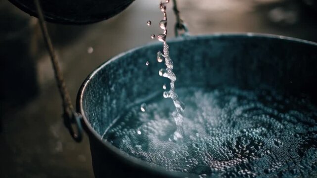 Water Pouring into Metal Bucket Closeup.